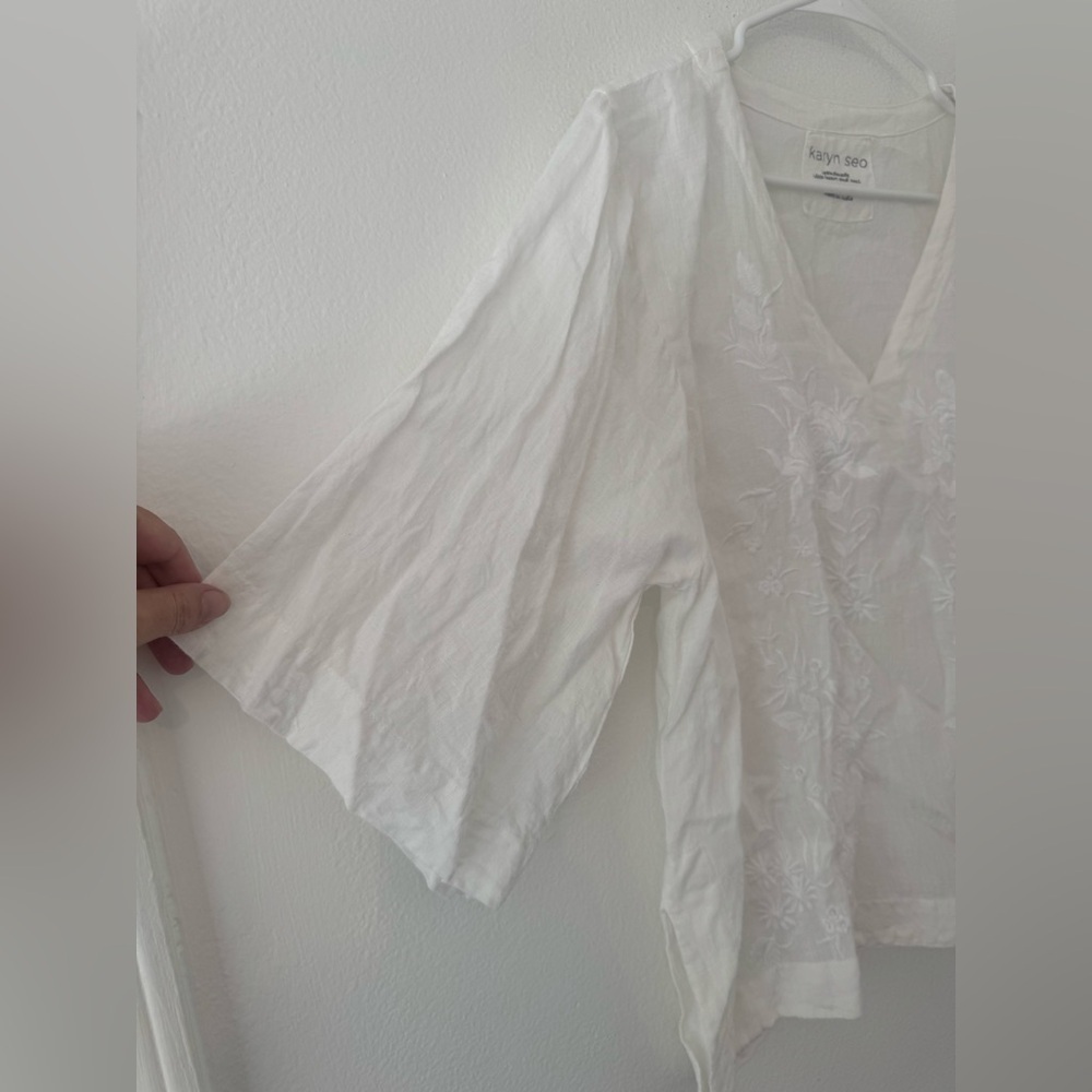 Karyn Seo Roxy Tonal Floral Embroidered V-Neck Linen Elbow Sleeve Boxy Top Small - Picture 4 of 11